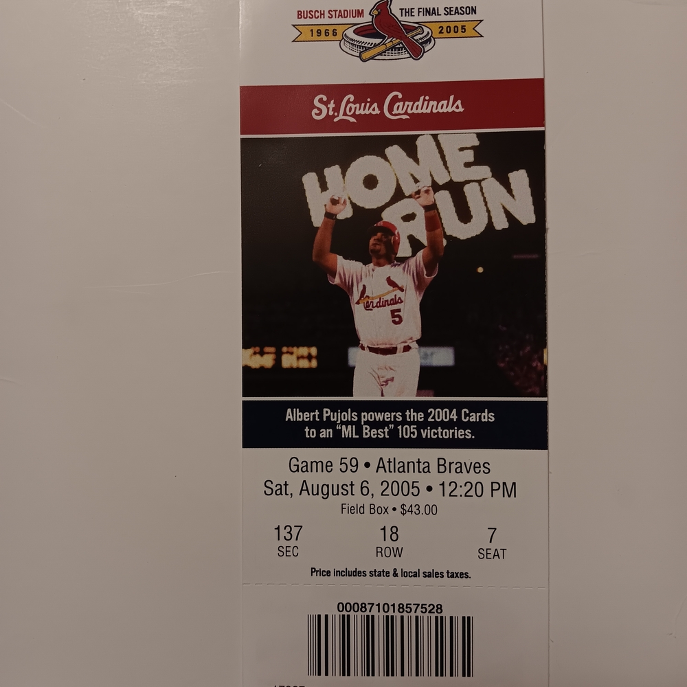 8-06-2005 St Louis Cardinals Ticket  Andruw Jones 2 Home Runs,Tim Hudson100thWin
